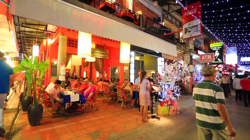 SIEM REAP, CAMBODIA - CIRCA DECEMBER: Night shot of Pub Street, main nightlife