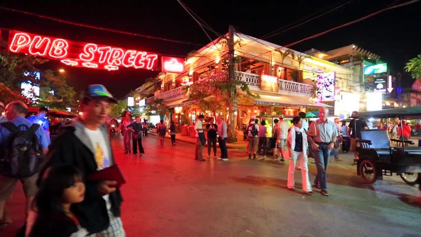 SIEM REAP, CAMBODIA - CIRCA DECEMBER: Night shot of Pub Street, main nightlife