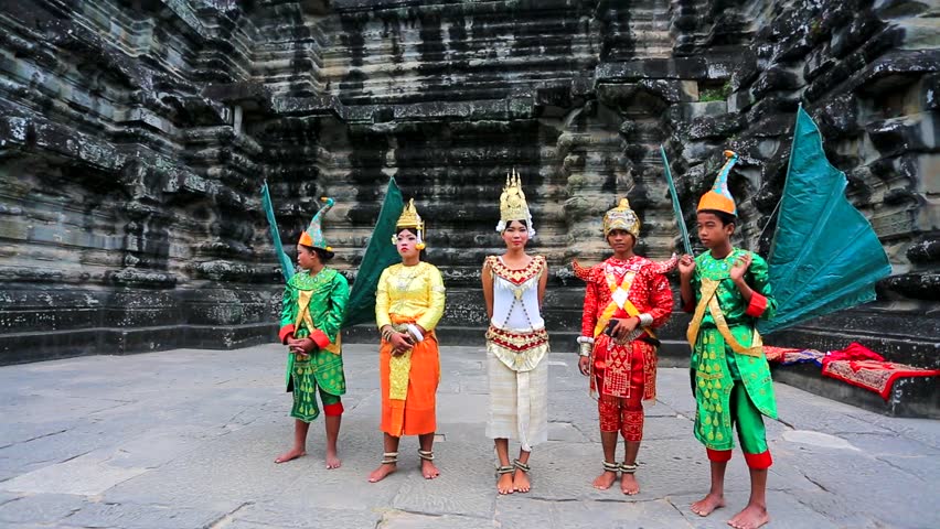 ANGKOR, CAMBODIA - CIRCA DECEMBER: Local people in traditional Khmer clothes on