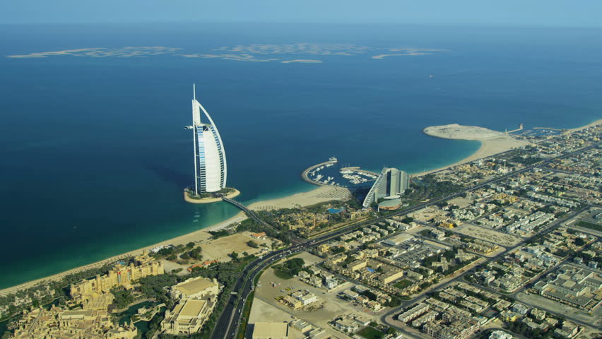 Dubai - November 18: Aerial view Dubai coastline, Burj Al Arab, Jumeirah Beach Hotel Dubai November 18, 2012 RED EPIC, 4K, UHD, Ultra HD resolution