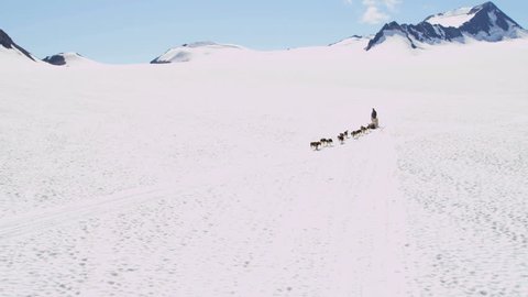 Aerial view of husky dog team traversing snow covered high mountain plateau, Alaska, USA, RED EPIC, 4K, UHD, Ultra HD resolution