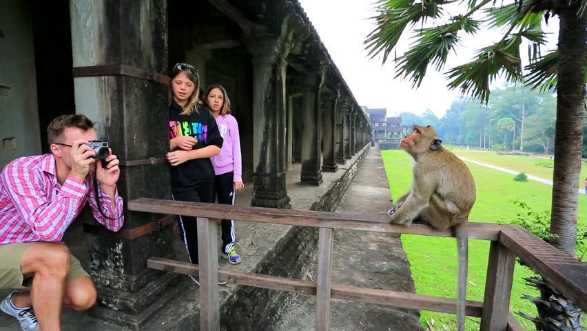 ANGKOR, CAMBODIA - CIRCA DECEMBER: Tourists and monkey at Angkor Wat Temple, on