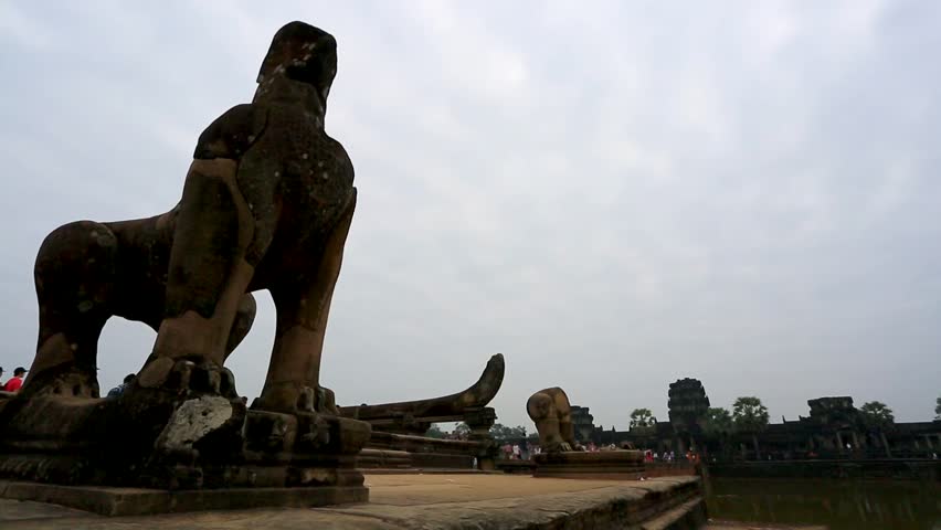 ANGKOR, CAMBODIA - CIRCA DECEMBER: Destroyed statues at Angkor Wat Temple, on