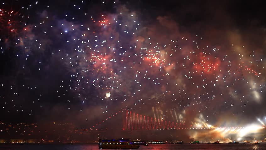 Istanbul, New Years Eve Fireworks. Beautiful colorful holiday fireworks in the