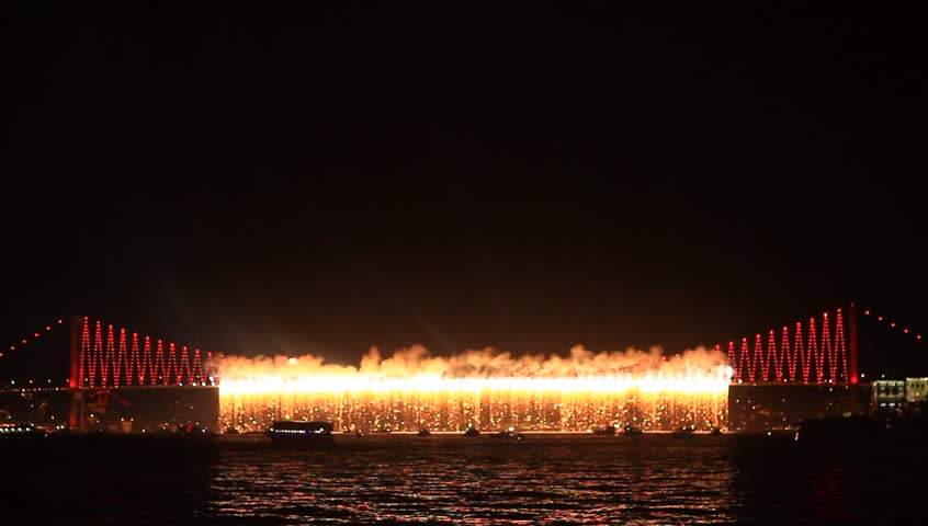 Firefall show on Bosporus Bridge. Firework show starts on the Bosphorus Bridge
