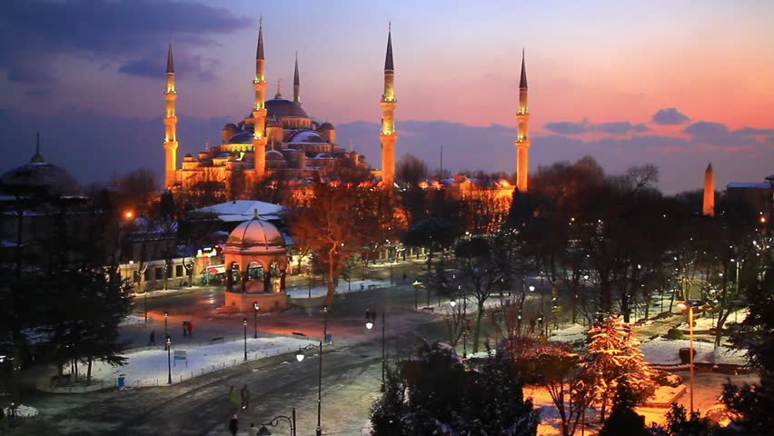 Blue Mosque, Sultanahmet Square at winter sunset. Sultanahmet Camii most famous