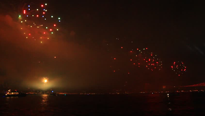 Fireworks in Istanbul. Firework show sets the sea of Bosphorus on fire. 

