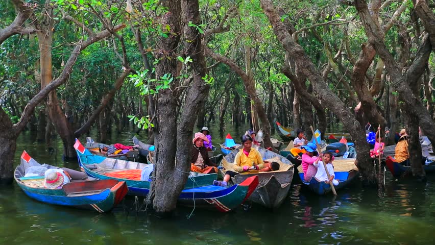TONLE SAP, CAMBODIA - CIRCA DECEMBER: Taxi boats for tourists , on circa