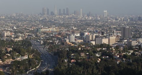 Los Angeles Skyline, Aerial View, California, town houses cars travel sunny day ( Ultra High Definition, Ultra HD, UHD, 4K, 2160P, 4096x2160 )