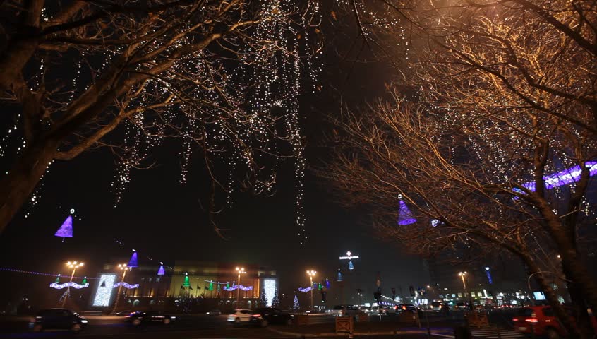 DECEMBER 30: Romanian government decorated the headquarters with Christmas lights and left for holidays. December 30, 2013, Bucharest, Romania
 | Shutterstock HD Video #5346050