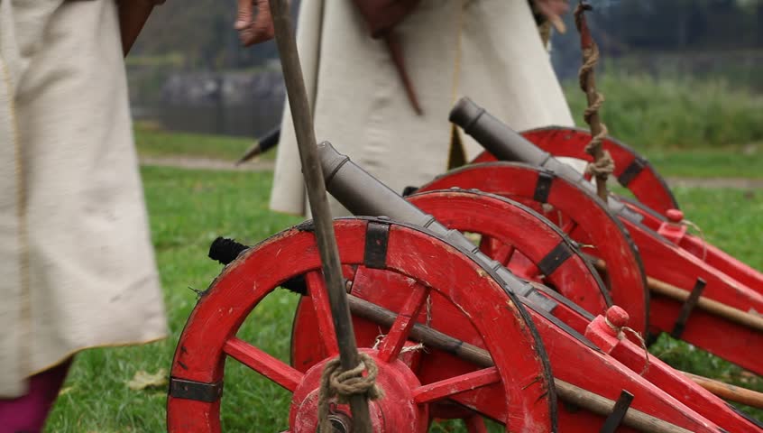 Preparing for the salvo of Russian guns XVII century. Reconstruction of the Korela Fortress (Fin: Käkisalmen linna, Swd: Kexholms slott), Priozersk, Russia. Real time, 1080p
