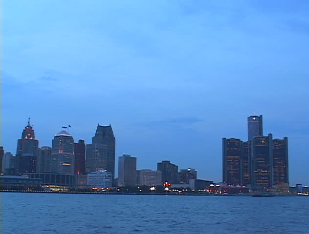 Detroit skyline at night from Cobo Hall to the Renaissance Center- taken from Windsor, Canada