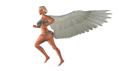 Beautiful Angel Woman Running with White Huge Wings