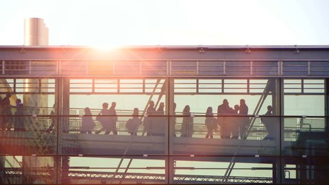 people silhouette walking. group team together. intro. sunset sun flare. modern glass building 
