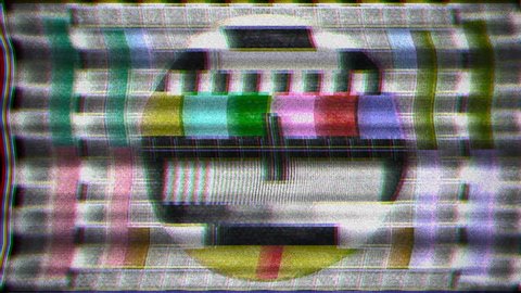 Analogue old CRT TV test card with color bars, full of noise, static, grain, scanlines. Good as: background, intro, transition, screen saver, dvd menu.