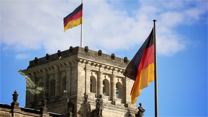 German Flags Wave Atop German Parliament in Berlin FULL HD Royalty-Free Stock Footage #5360759