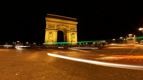 4K UHD Arch of Triumph at night, Paris, France, Traffic time lapse