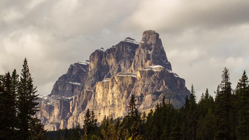 Time lapse shot of Castle Mountain with cloudy sky in Banff National Park, Alberta, BC.