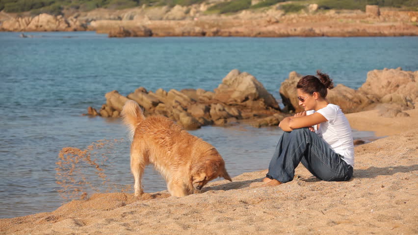 Beautiful young girl at the beach with golden retriever