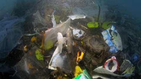 Plastic garbage and other debris underwater on a beach in Bunaken Island, Sulawesi