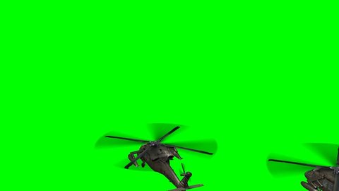 Black Hawk Helicopter fly by in Formation - seperated on green screen 