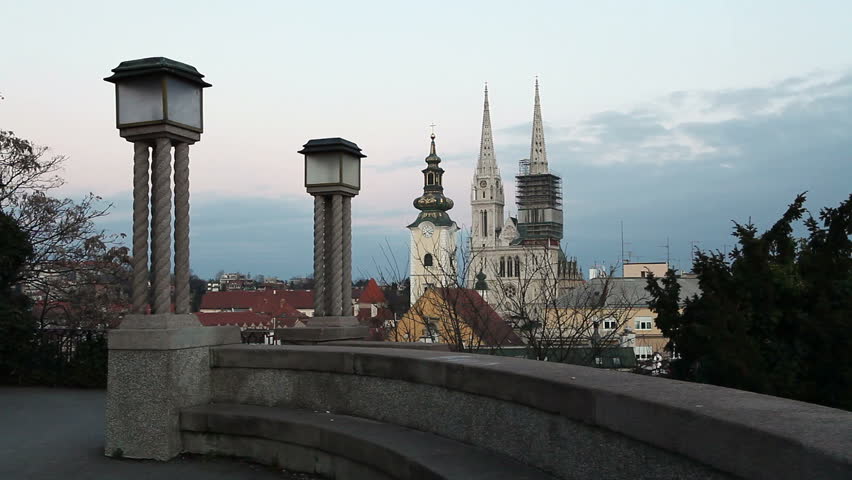View from the Strossmayer Promenade towards Kaptol, the cathedral, St Marys Church and the rooftops of Dolac Market.