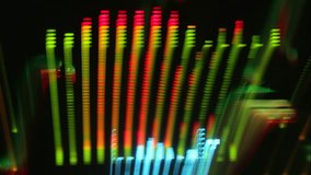 music graphic equalisers and audio analysis clip. shot from the display of a stereo hifi system. this is a super high quality 4k version at 4096x2304 pixels