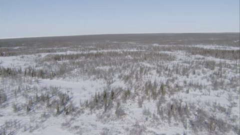 Frozen Tundra Helicopter. Aerial point of view shot of a helocopter in a vast frozen expanse of flat land.