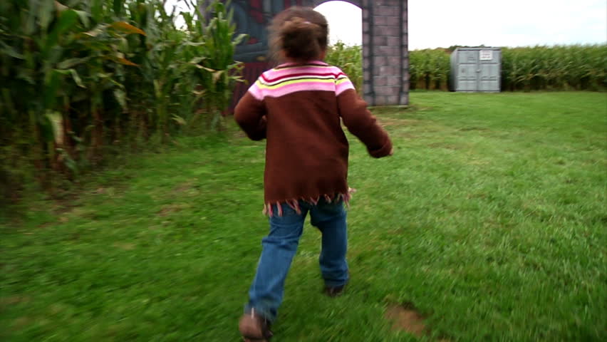 A little girl walks through a corn maze. slow motion
