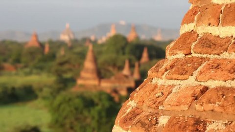 transfer focus from the wall to the valley of temples, Bagan(Pagan), Myanmar(Burma) 