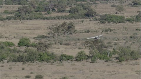 Africa Savanna Trees Airplane. A skying view over a vast savanna in Africa. The shot shows the desolate landscape. The scene focuses on a small prop airplane flying over the savanna.