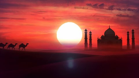 A camel train travels across a desert in the sunset. Sand dunes silhouettes, Taj Mahal and cloudy sunset in the background. Animation HD