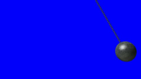 A regular metal wrecking ball attached to a chain swinging to and fro on a blue screen background