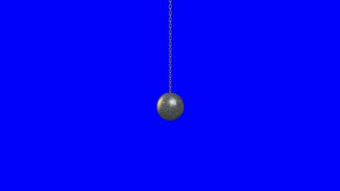 A regular metal wrecking ball attached to a chain swinging to and fro on a blue screen background