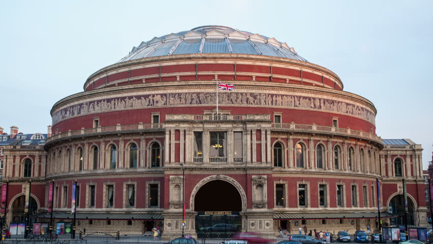 Sunset time lapse sequence of the Royal Albert Hall in Kensington, West London, England. 4K version