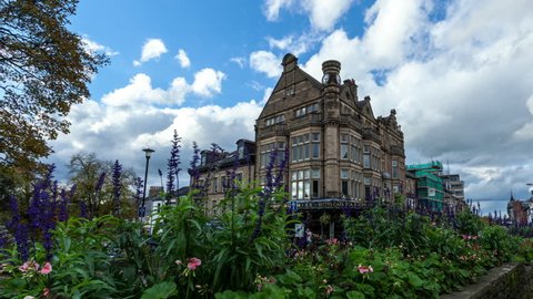 Harrogate, United Kingdom - October 26, 2013: Heavy clouds pass over the famous Betty's Tea Rooms building in the center of Harrogate, Yorkshire. 4K version