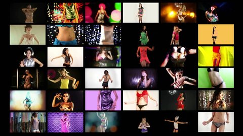 a video wall of HD screens made up from different disco and sexy club dancers. All content is from my own collection and model released. 4k version at 4096x2304 pixels