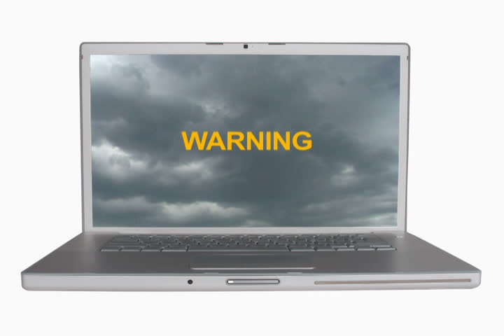 Storm clouds and lightning time lapse on modern laptop computer with warning