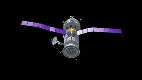 Space station rotation at 360 degrees on black background. Spaceship have satellite antenna for communication and transfer information. Technology and science 3d animation.