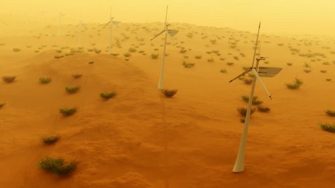 (1121) Electric Power Wind Turbines in Desert Sand Storm Aerial. Themes: Alternative Power, Energy, Conservation, Technology, Aerial Landscapes, Weather, Industry, Future, Environment, Research