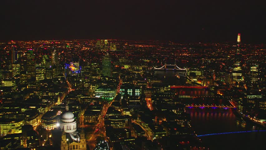 Aerial shot of Central London with a view of the City Financial District, Liverpool Street, Gherkin, at dusk
