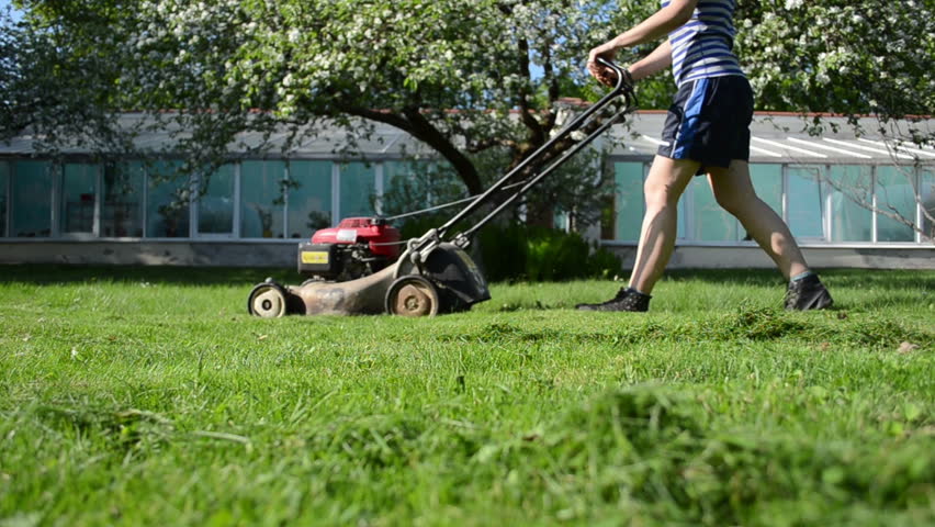woman curly mowing lawn mower beautiful Stockvideoklipp (helt royaltyfria) ...