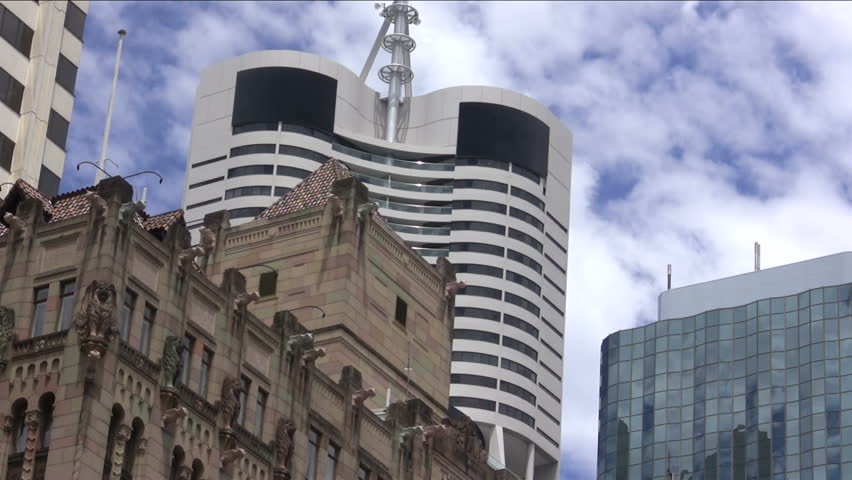 Low angle looking up at old and new skyscraper buildings in the central city district of Brisbane the capital of Queensland, Australia. Wider version available