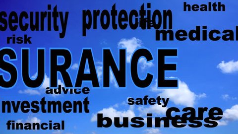 Insurance text animation on blue sky background