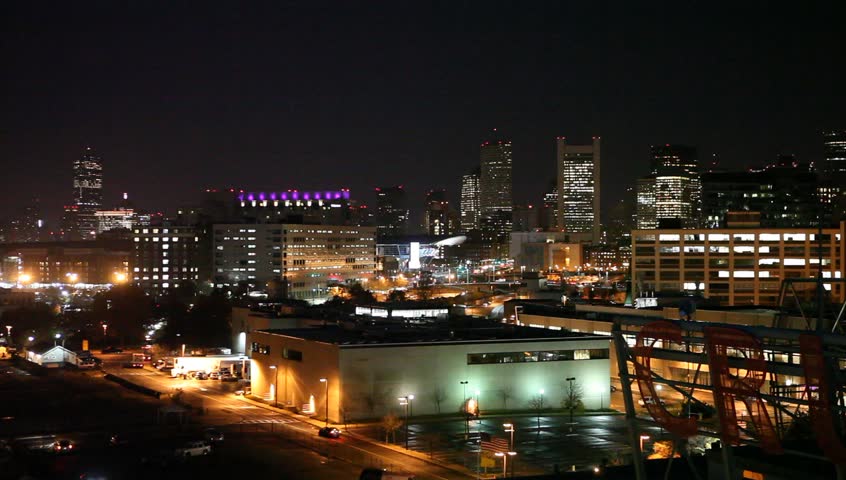 Night time view of the city skyline of Boston Massachusetts (with ambient audio).
