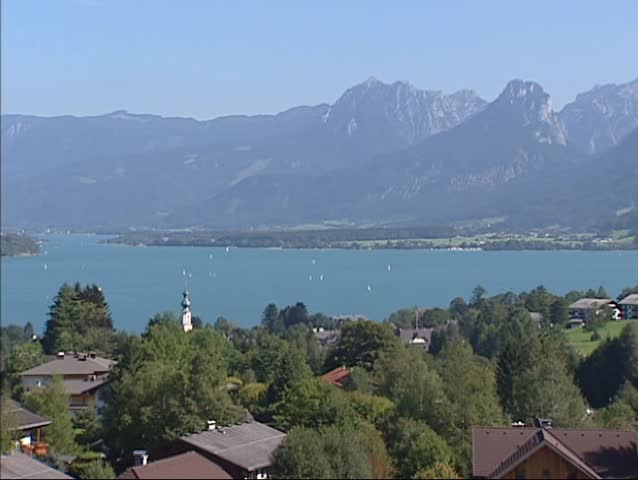 SALZKAMMERGUT, AUSTRIA - High angle view village of Sankt Gilgen, situated in the north-western shore of the lake Wolfgangsee in the Salzkammergut region.