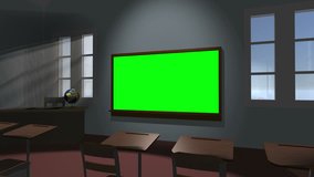 Animation of a one room schoolhouse, dolly across desks while centering on a  key-green 