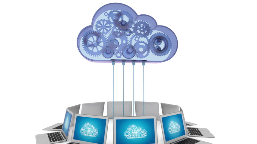 Multiple laptops connected to an abtract cloud server