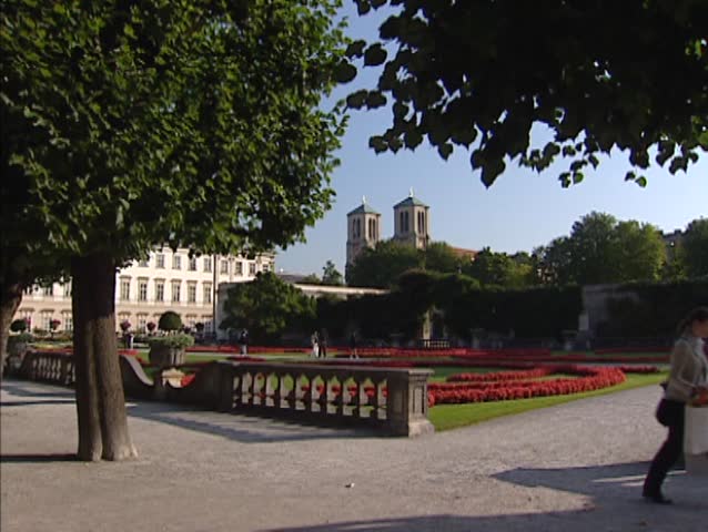 Cathedral Towers behind Mirabell palace gardens. Mirabell palace and gardens is a listed cultural heritage monument and part of the Historic Centre of the City of Salzburg UNESCO World Heritage Site.