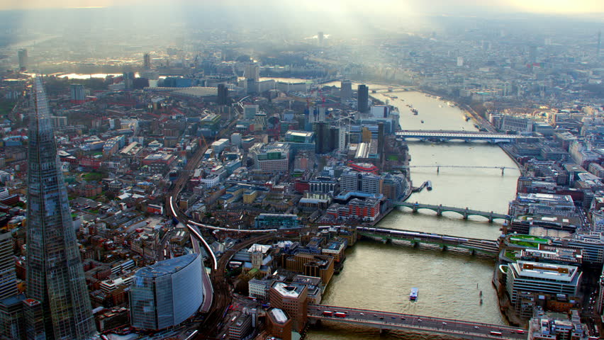 4K Aerial shot of Central London with view of the River Thames, St Paul's Cathedral, Tate Modern, Shard, Cannon Street Station Royalty-Free Stock Footage #5520026